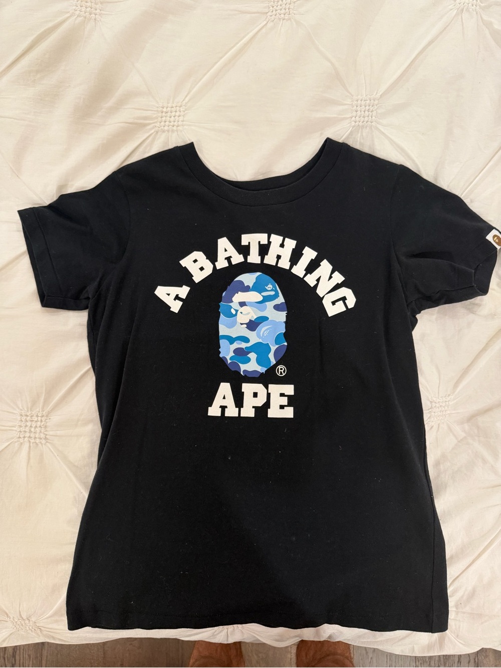 A Bathing Ape Black Logo Tee with Blue Camo Graphic